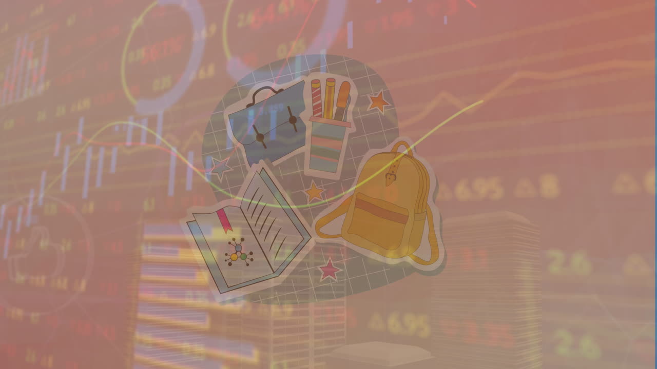 animación del procesamiento de datos sobre los íconos de los artículos escolares