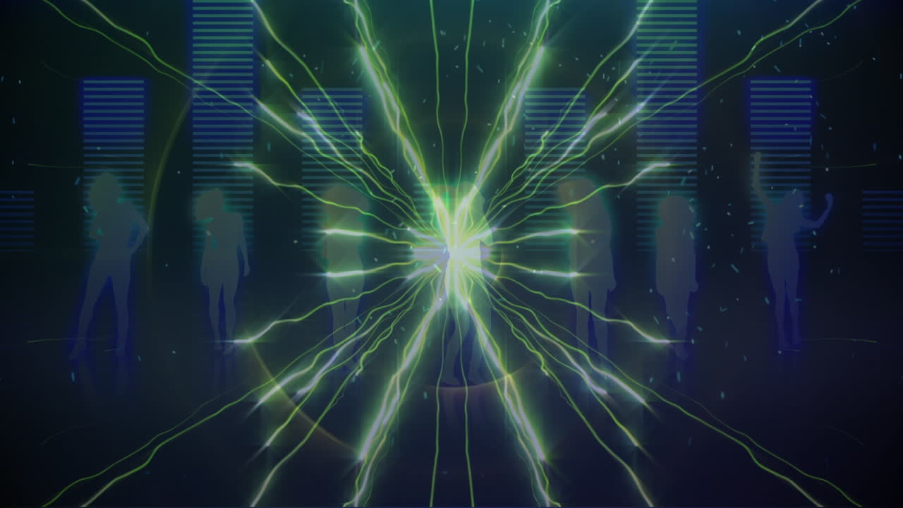 animación de fuegos artificiales y luces sobre personas bailando en un fondo oscuro