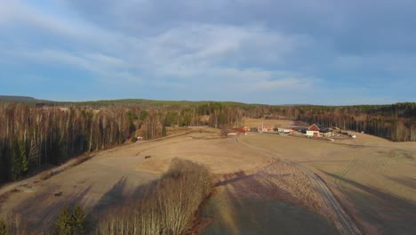 disparo de drones acercándose al campo y la granja en suecia en invierno