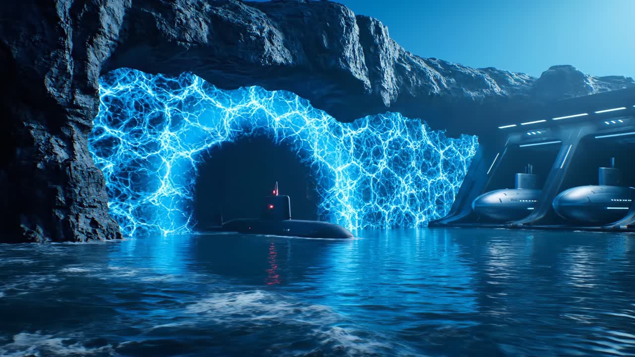 Submarine emerging from a cave