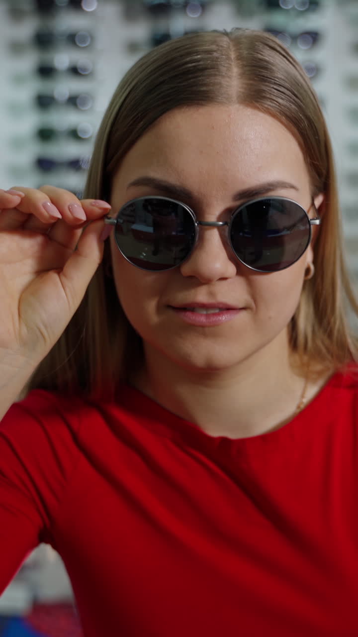 Beautiful woman trying on stylish sunglasses. Long-haired girl in modern black sunglasses posing on camera at optical store. Vertical video