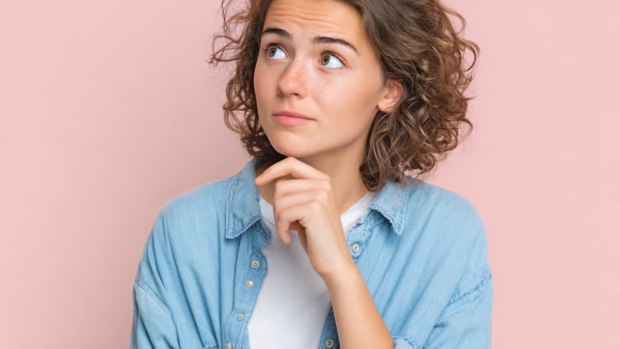 A Young Woman Contemplating Her Thoughts Against a Soft Pink Background, Illustrating Pondering and Curiosity with a Thoughtful Expression