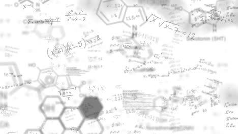 Animation-of-mathematical-equations-and-chemical-structures-floating-against-white-background