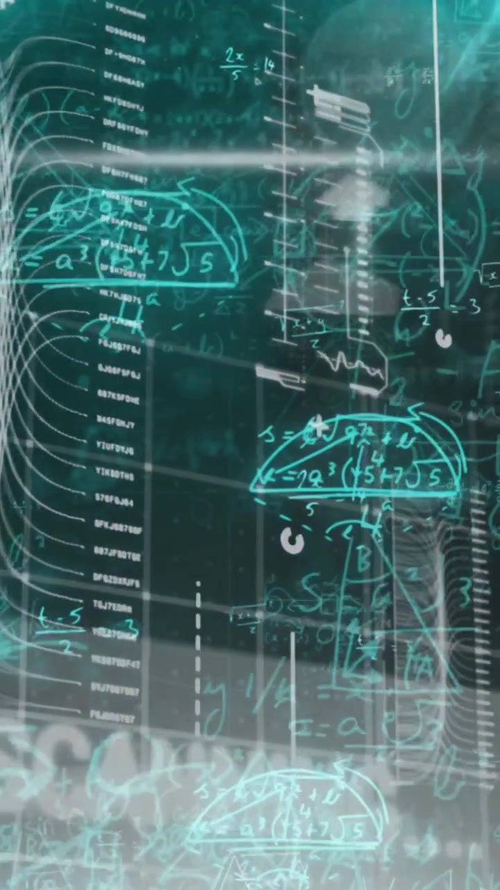 Animation of data processing with mathematical equations on black background