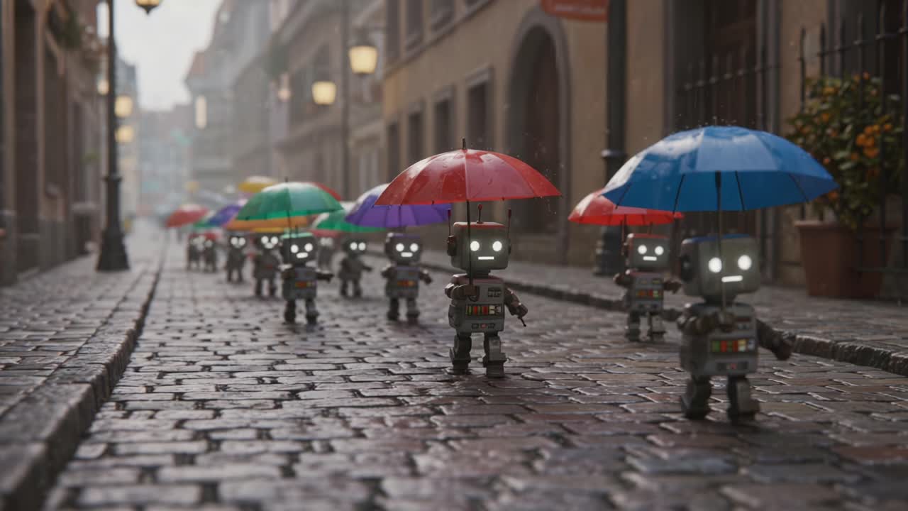 Una scena affascinante di robot che sfilano per una strada acciottolata mentre tengono ombrelli colorati in una giornata piovosa, che mostra un'interazione eccentrica in un ambiente urbano vivace