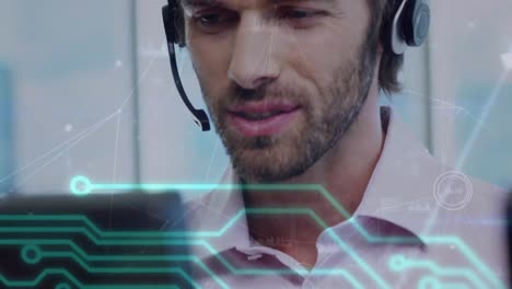 Animation-of-connections-with-icons-and-circuit-board-over-businessman-using-phone-headset