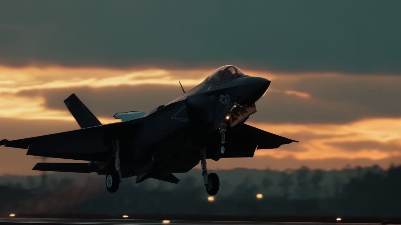 A fighter jet captured in silhouette during takeoff at sunset