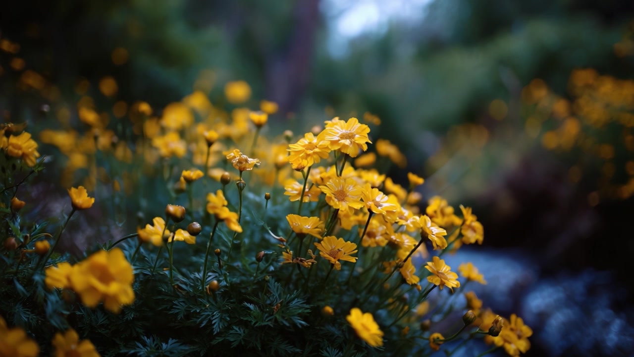 Una vista ravvicinata di vivaci fiori selvatici gialli che sbocciano in un lussureggiante paesaggio verde, catturati in due inquadrature, mostrando la bellezza e la vivacità della natura.