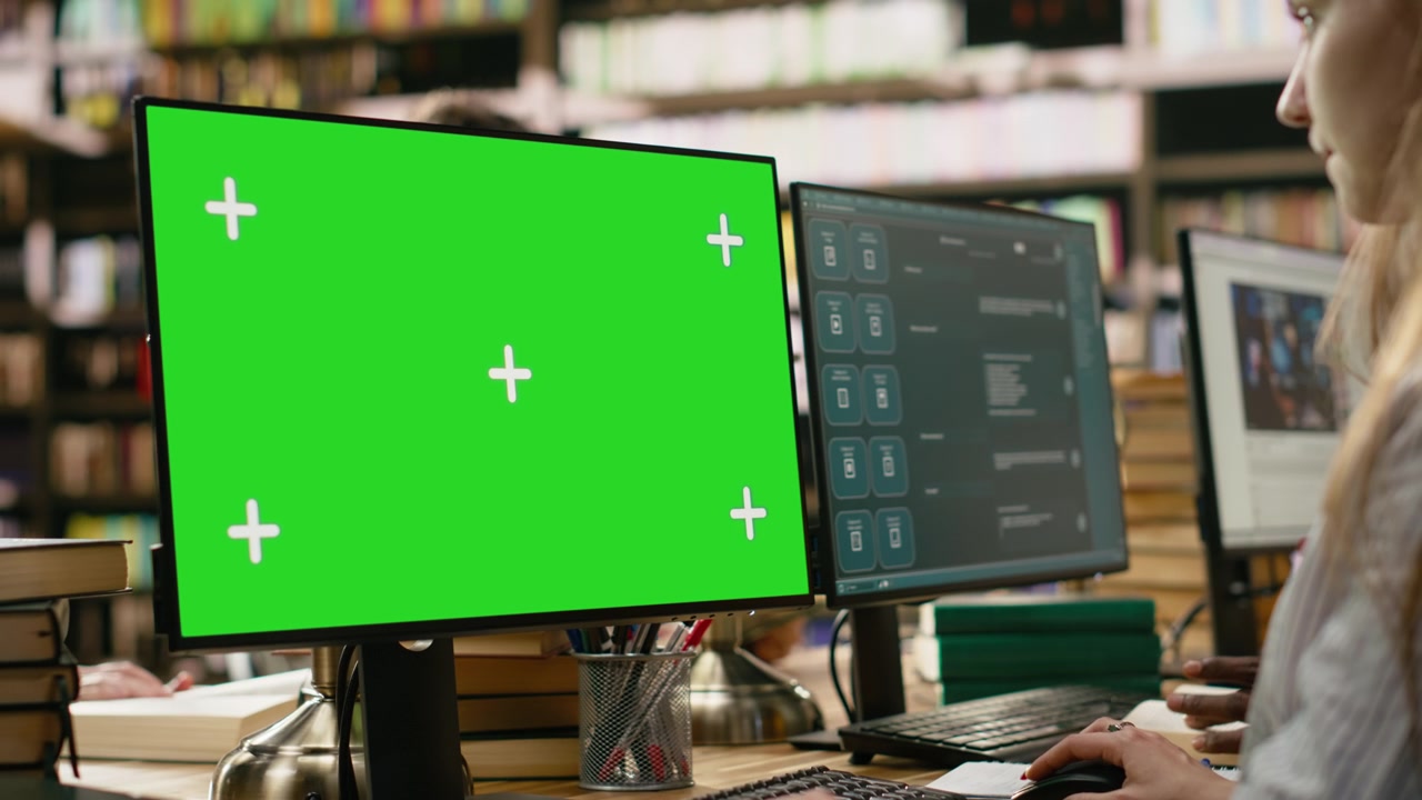 Green screen mockup på computerens skrivebord nær studerende ved et fælles biblioteksbord.