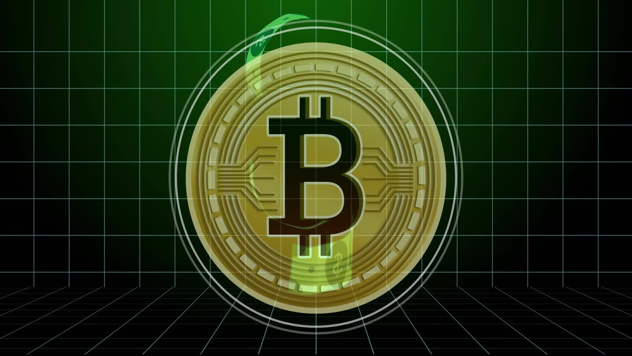 Bitcoin surgindo no centro, atraindo notas que o orbitam e pulsam, inclinando-se e exibindo o fluxo financeiro.