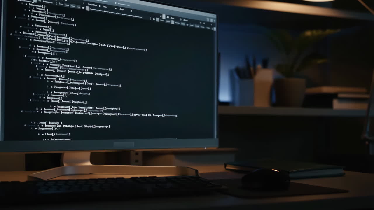 Workspace with Computer Monitor Displaying Code