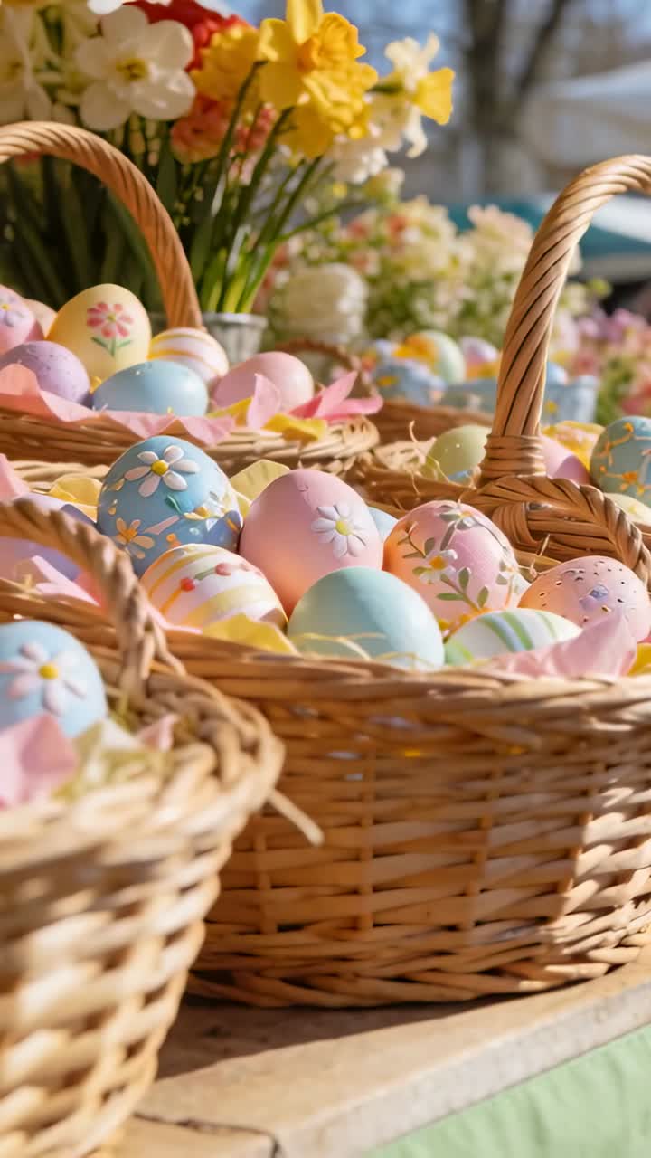 Camera panning, wicker baskets revealing pastel eggs on market stall, sunlight highlighting daisies