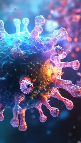 a close up of a virus with pink and blue colors. the virus is surrounded by a blue background