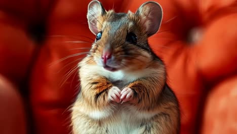 a small hamster sitting on top of a red couch