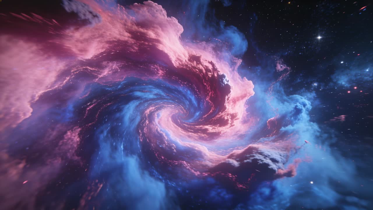 Camera pushing nebula rotating and tightening in space, showing pink-blue filaments