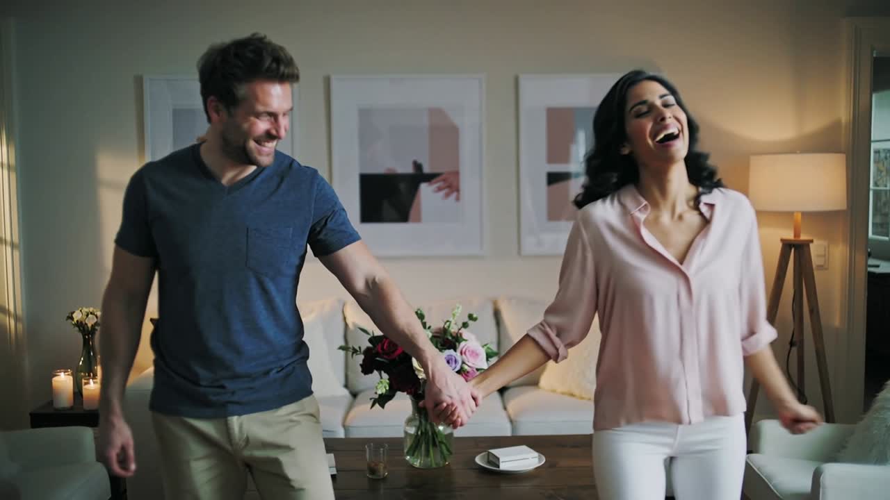 Uomo e donna che si tengono per mano, si guardano negli occhi vicino al divano, dondolando e condividendo la gioia della vita domestica.