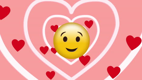 animación del emoticón de beso sobre corazones rojos flotando sobre corazones blancos sobre fondo rosa
