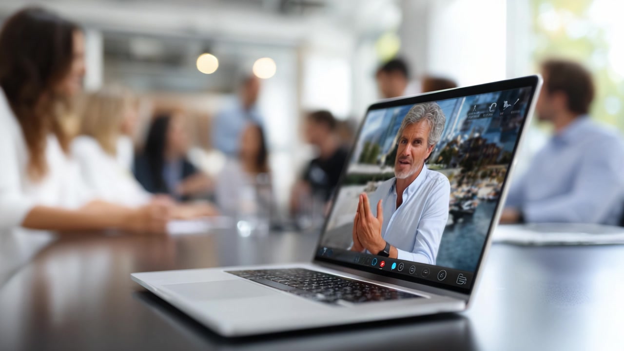 Engaging Virtual Meeting: Presenting Ideas and Insights Through Video Conferencing in a Modern Workspace Setting with Participants in the Background