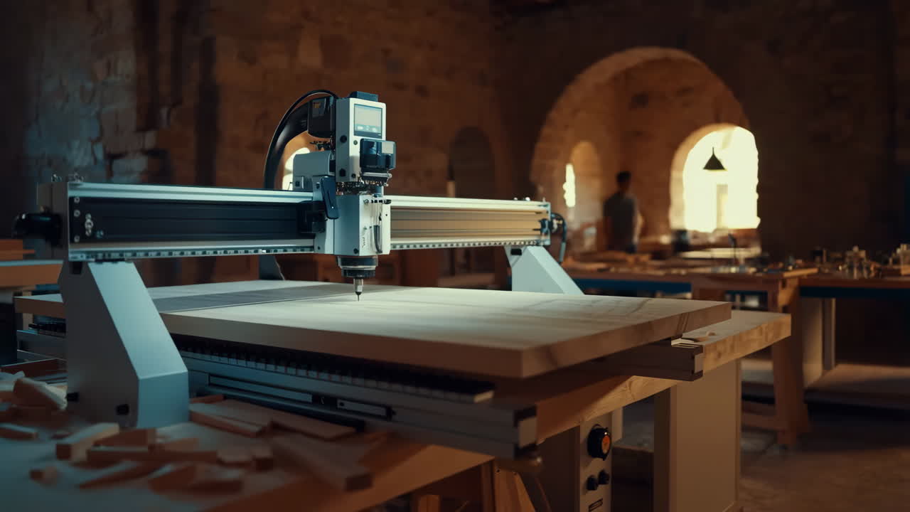 CNC Router Machine Carving Wood in a Workshop