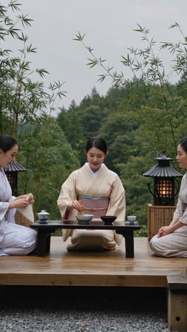 traditional japanese tea ceremony in a bamboo garden