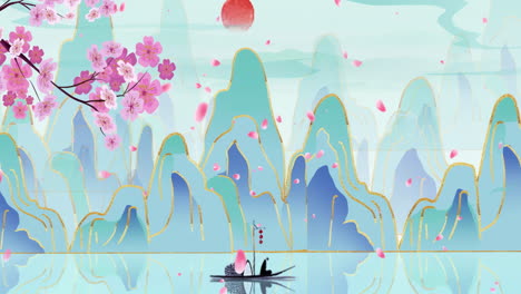 tranquil cherry blossom landscape with fisherman