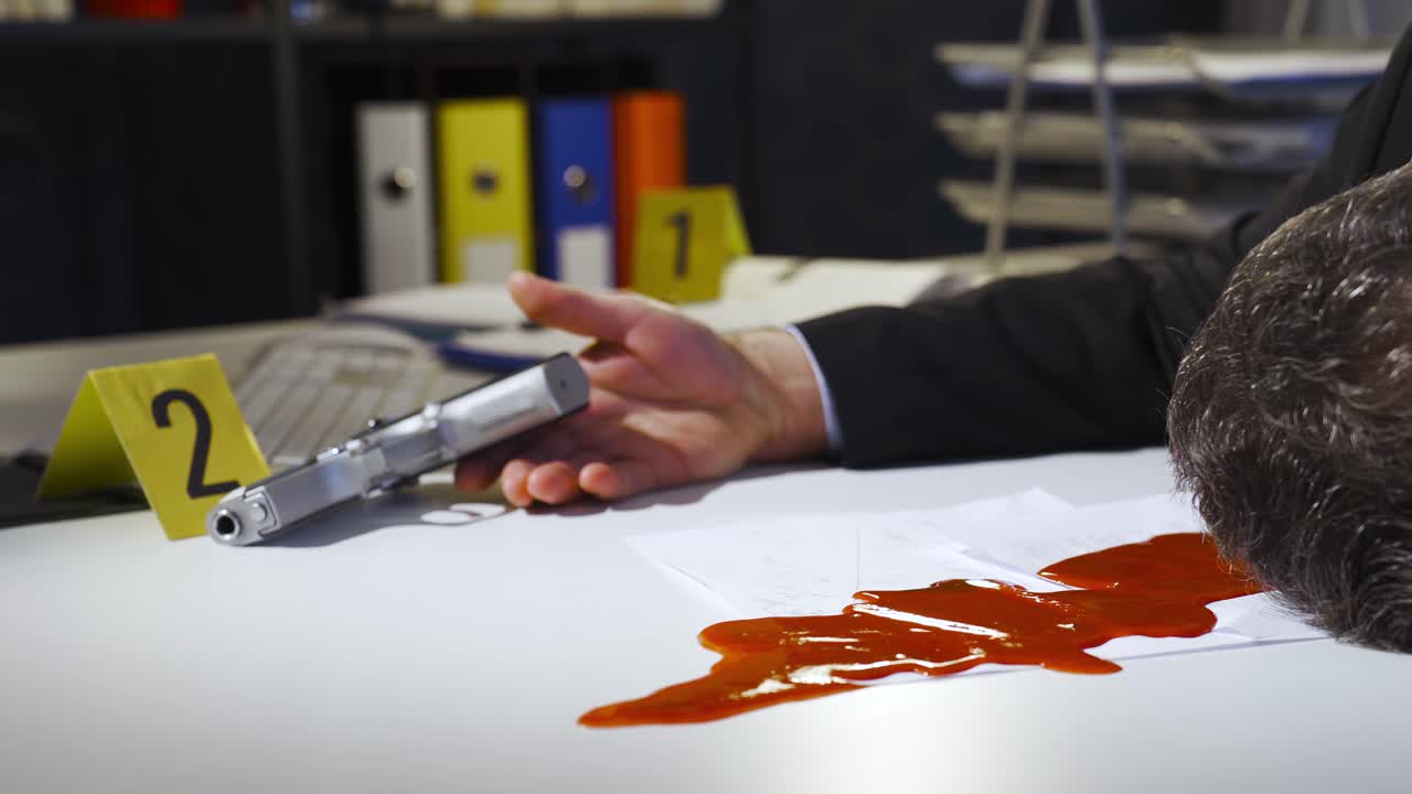 Close-up Businessman found dead in his office. Crime scene.