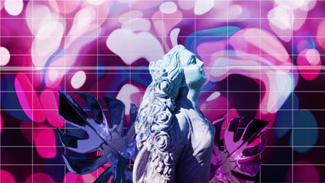 y hojas de escultura femenina clásica distorsionando sobre la cuadrícula y el fondo líquido rosa