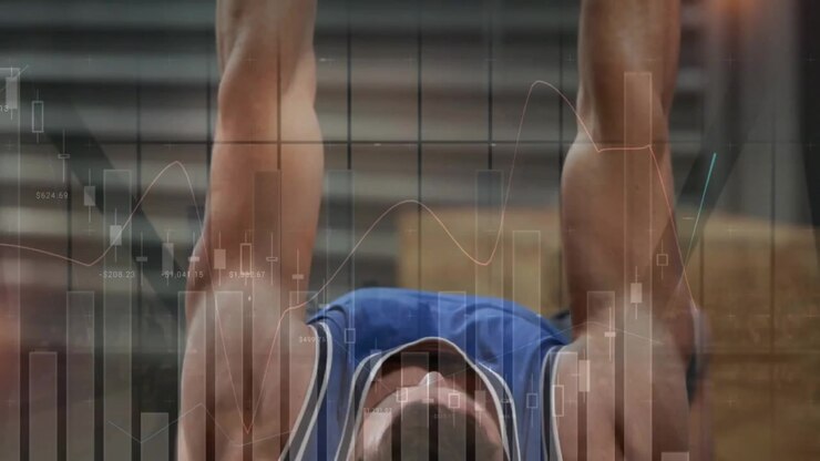 Man gripping dumbbells pressing chest while data charts pulsing across gym door linking performance