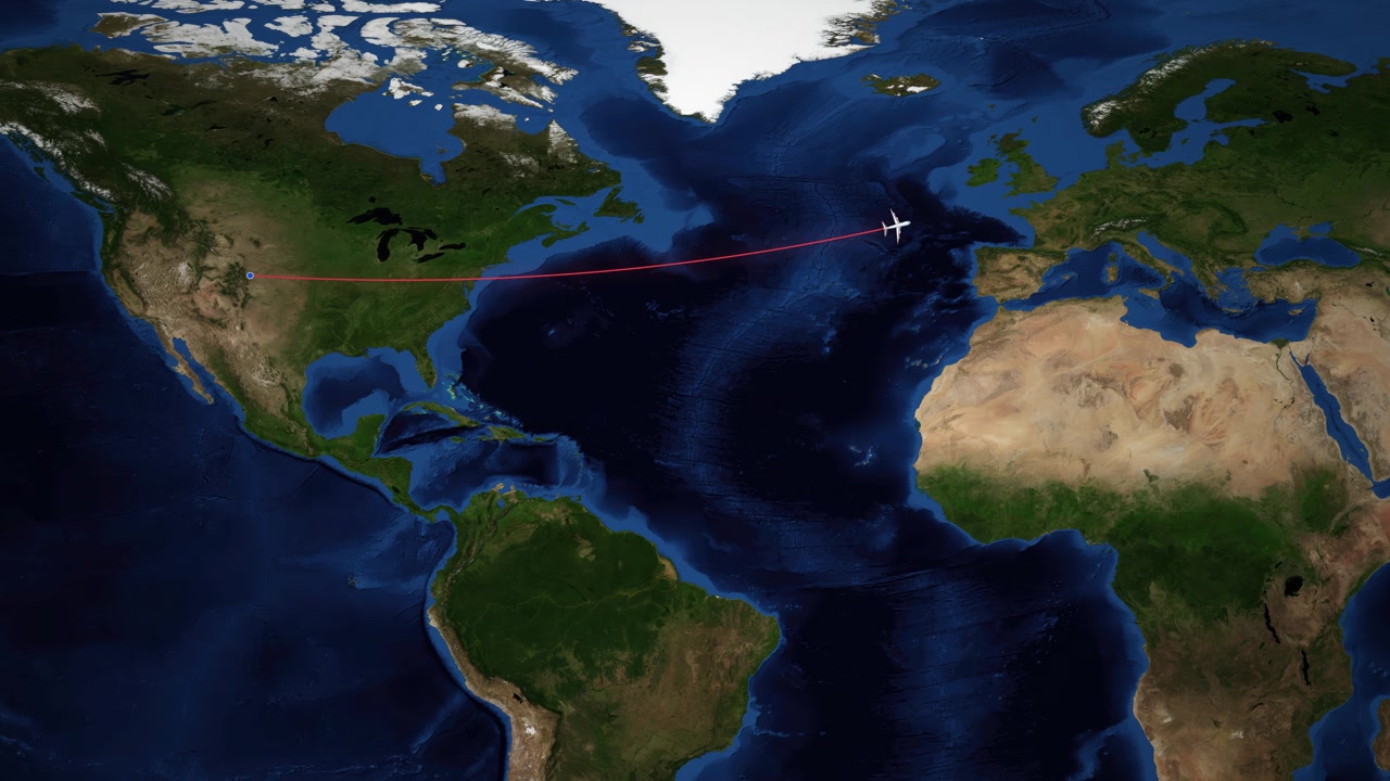 Un icono de avión digital viaja por un mapa mundial de Denver a Copenhague vía satélite