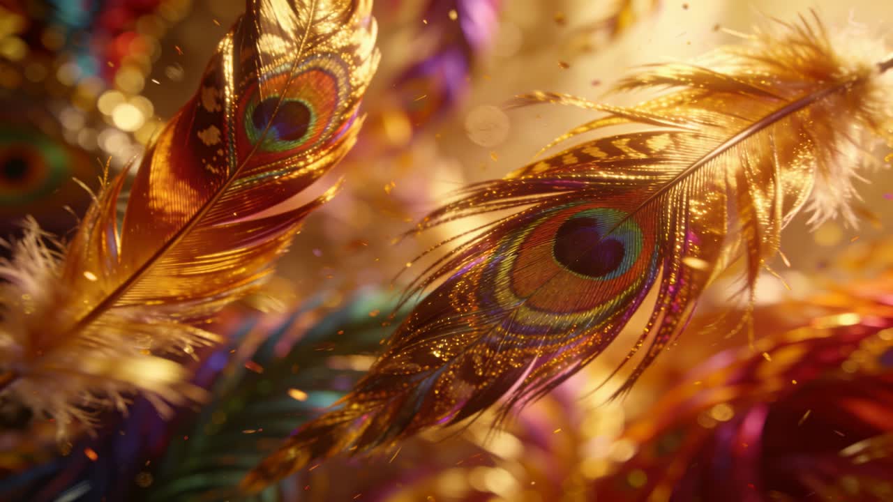 Due piume di pavone che ruotano con luce cangiante, glitter dorati che fluttuano in macro, mostrando gli occhi.