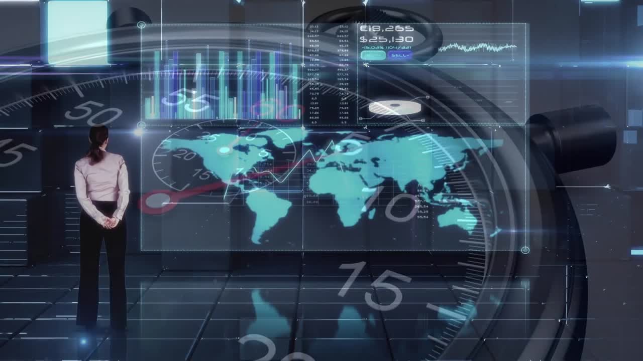 animación de estadísticas con una mujer de negocios y un cronómetro