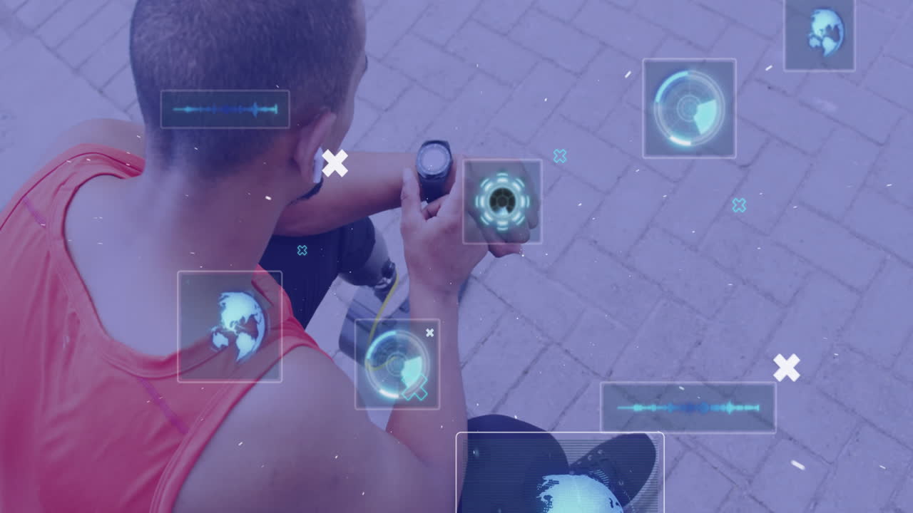 animación de iconos de interfaz que procesan datos sobre un atleta masculino con una pierna protésica usando un reloj inteligente