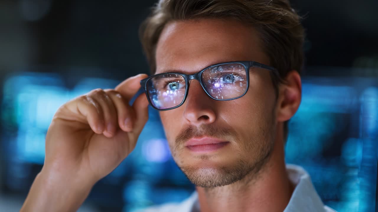 Focused Individual Analyzing Data on Digital Screens with Reflective Glasses While Engaged in Technical Work, Highlighting Innovation and Analytical Skills in a Modern Environment