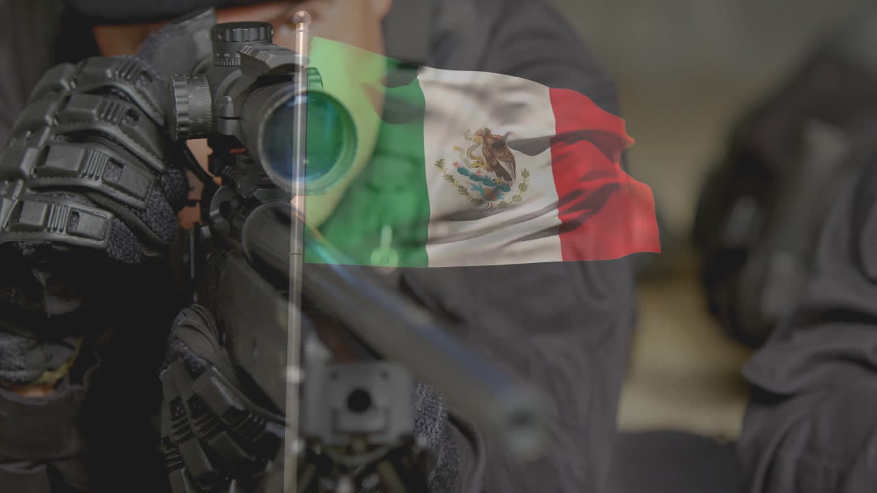 Aiming rifle, person with animation of Mexican flag overlay in tactical setting