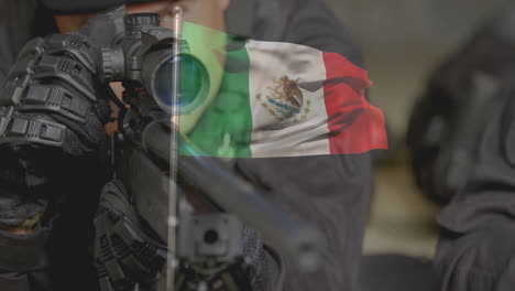 aiming rifle, person with animation of mexican flag overlay in tactical setting