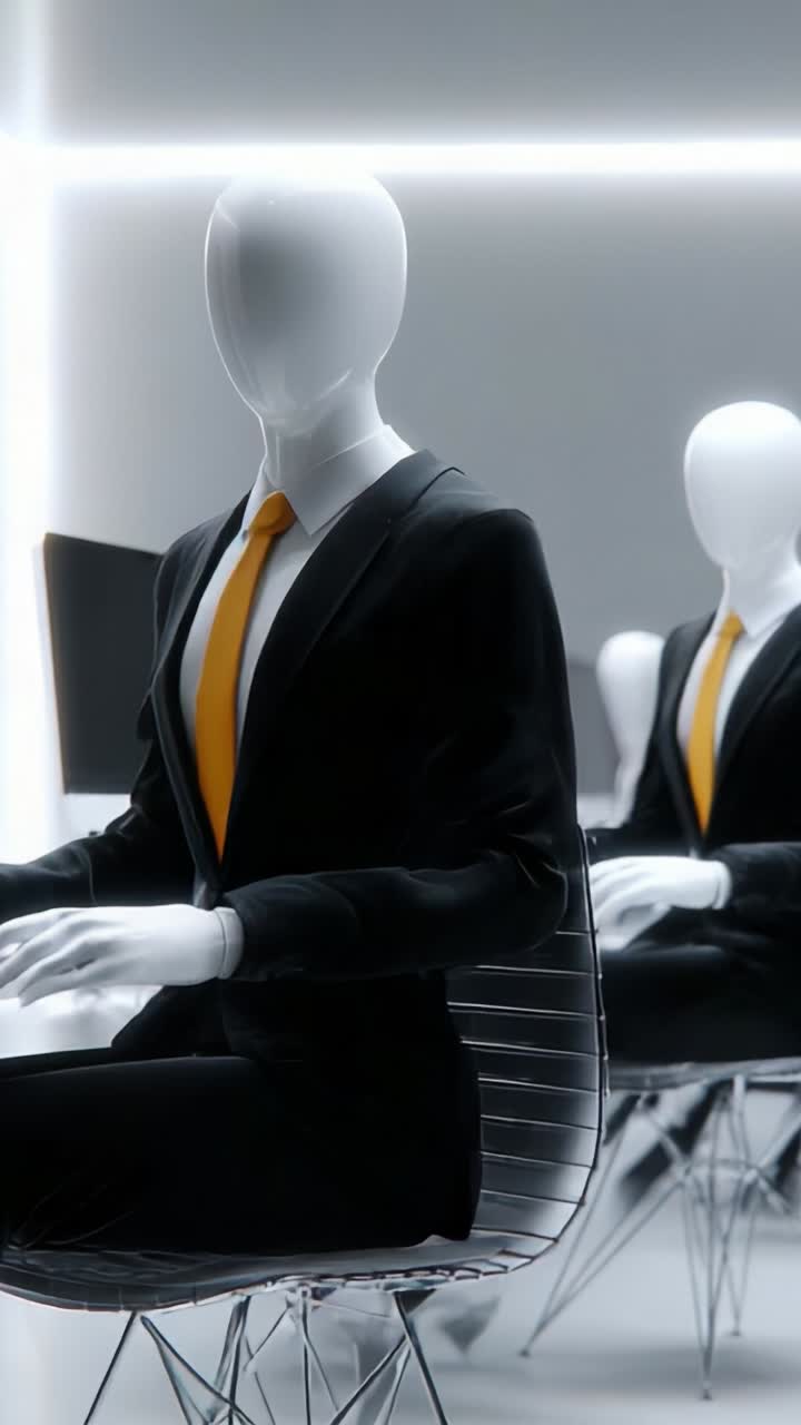 Due manichini eleganti in giacca e cravatta che lavorano a scrivanie futuristiche con illuminazione soffusa, che mostrano l'estetica di un ufficio moderno e un'atmosfera sofisticata