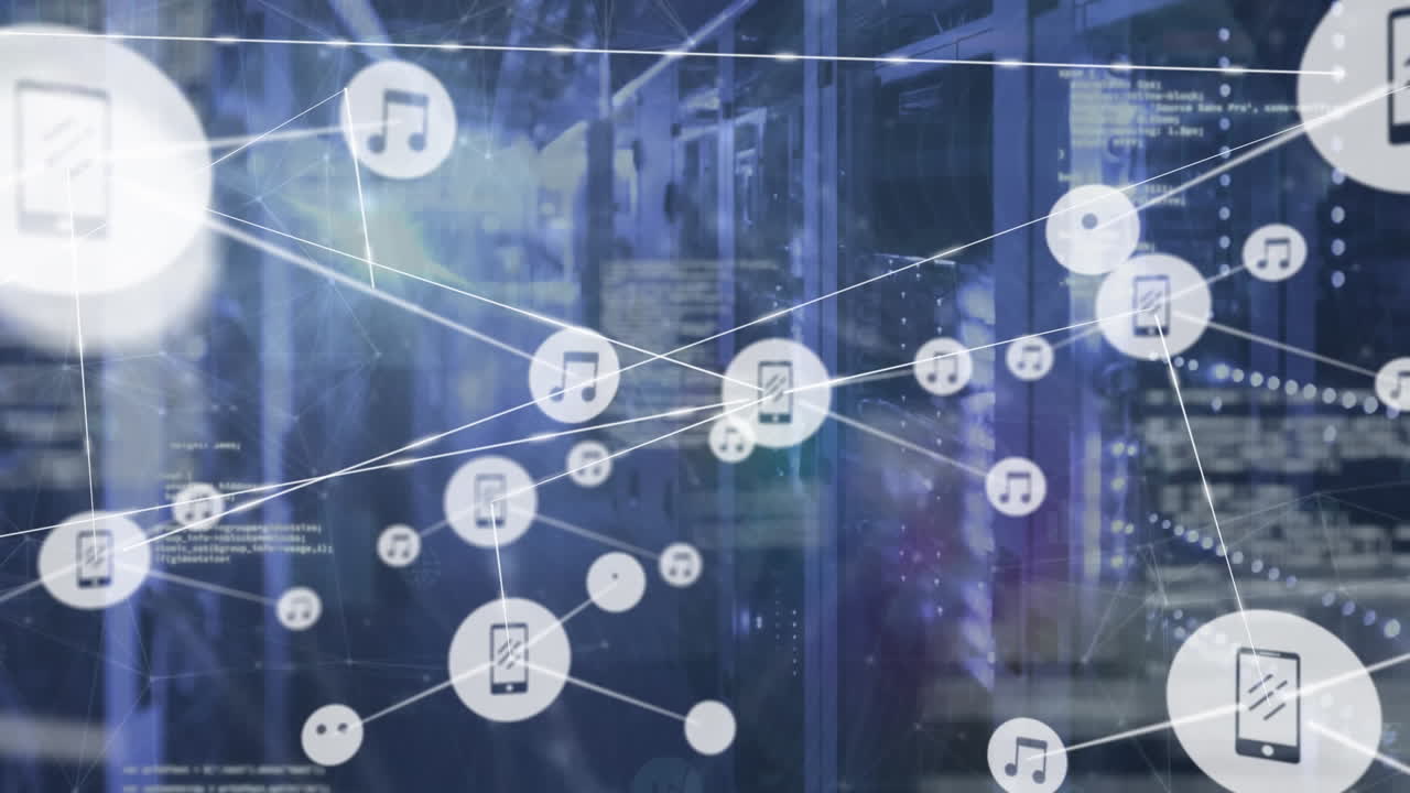 Animation of network of connections with icons and data processing over computer servers