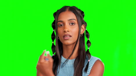 Attitude,-green-screen-and-woman-playing-with-hair