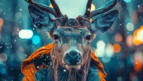 a deer wearing a jacket in the snow