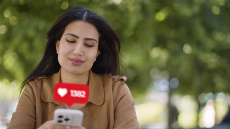 mujer sonriente sentada en una mesa al aire libre mirando un teléfono móvil con emojis de gráficos en movimiento que muestran múltiples notificaciones de redes sociales o gustos que reaccionan al contenido en línea