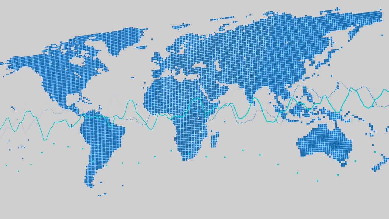mapa del mundo azul pixelado con todos los continentes con formas de onda superpuestas sobre un fondo blanco. concepto de datos globales, análisis y tecnología