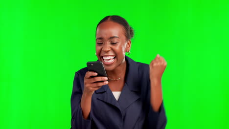 Black-woman,-phone-and-celebration-on-green-screen