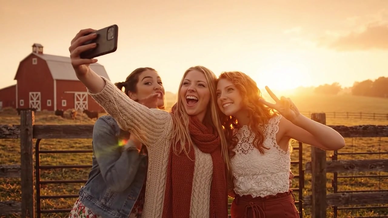 Tre amici che si scattano un selfie al tramonto in una fattoria, catturando un momento gioioso con una luce splendida e uno scenario naturale sullo sfondo.