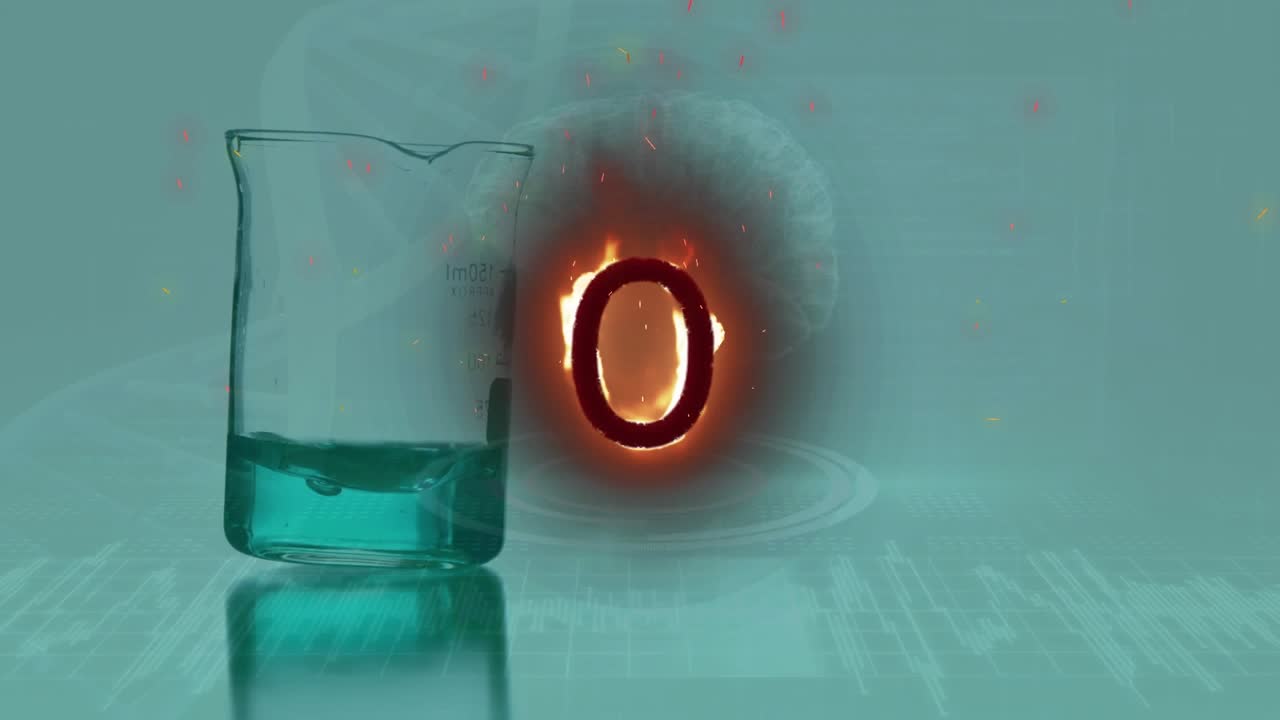 Sıvı dolu bir beher üzerinde alevli 0, dijital beyin, grafik ve akan kan hücreleri animasyonu.