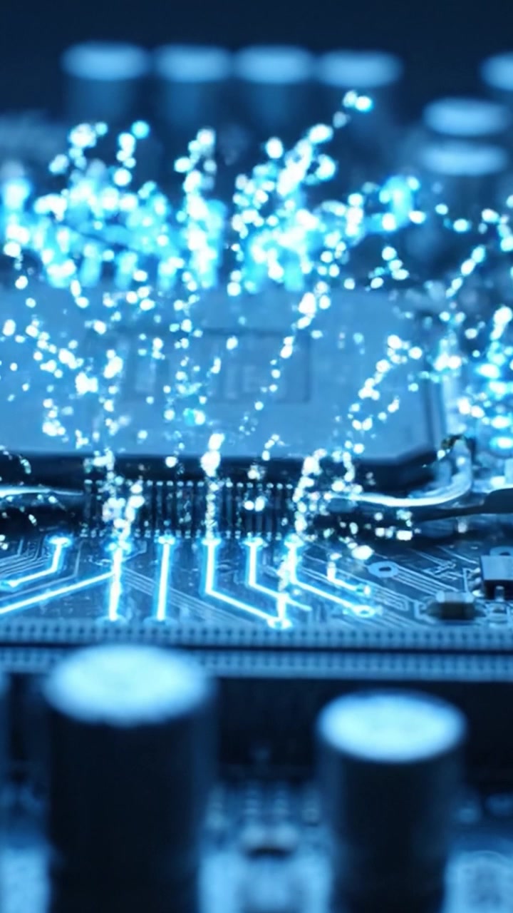 Futuristic Macro View of a Circuit Board Displaying Circuitry Components and Illuminated Connections in a Technologically Advanced Environment