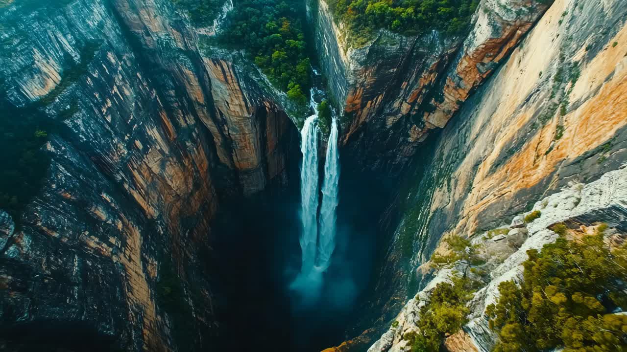 High-Angle View of a Waterfall in a Canyon