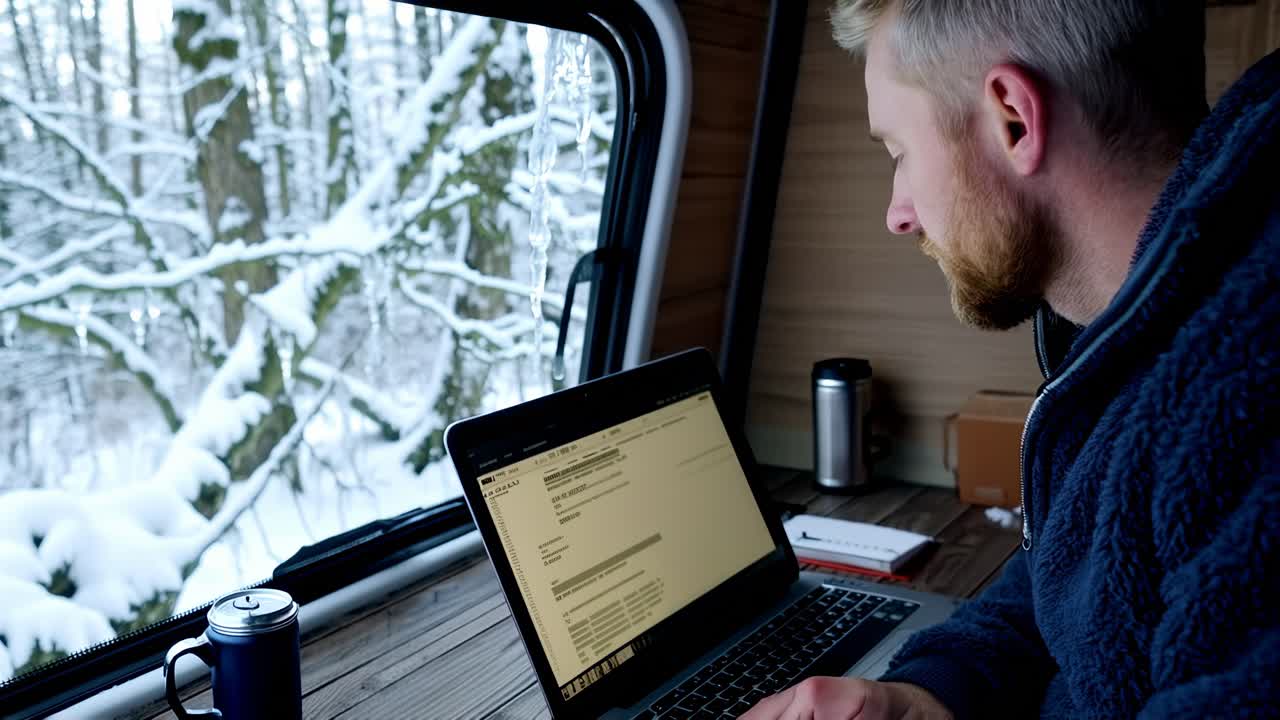 A man in his 40s with, working on his laptop inside a camper van parked in a snowy forest.