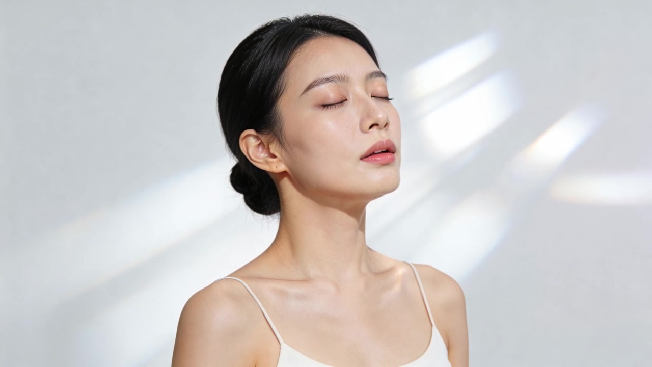 顎を上げ、白いキャミソールを着た女性がスタジオでポーズを取っている。カメラが起動し、光の筋が差し込んでいる。