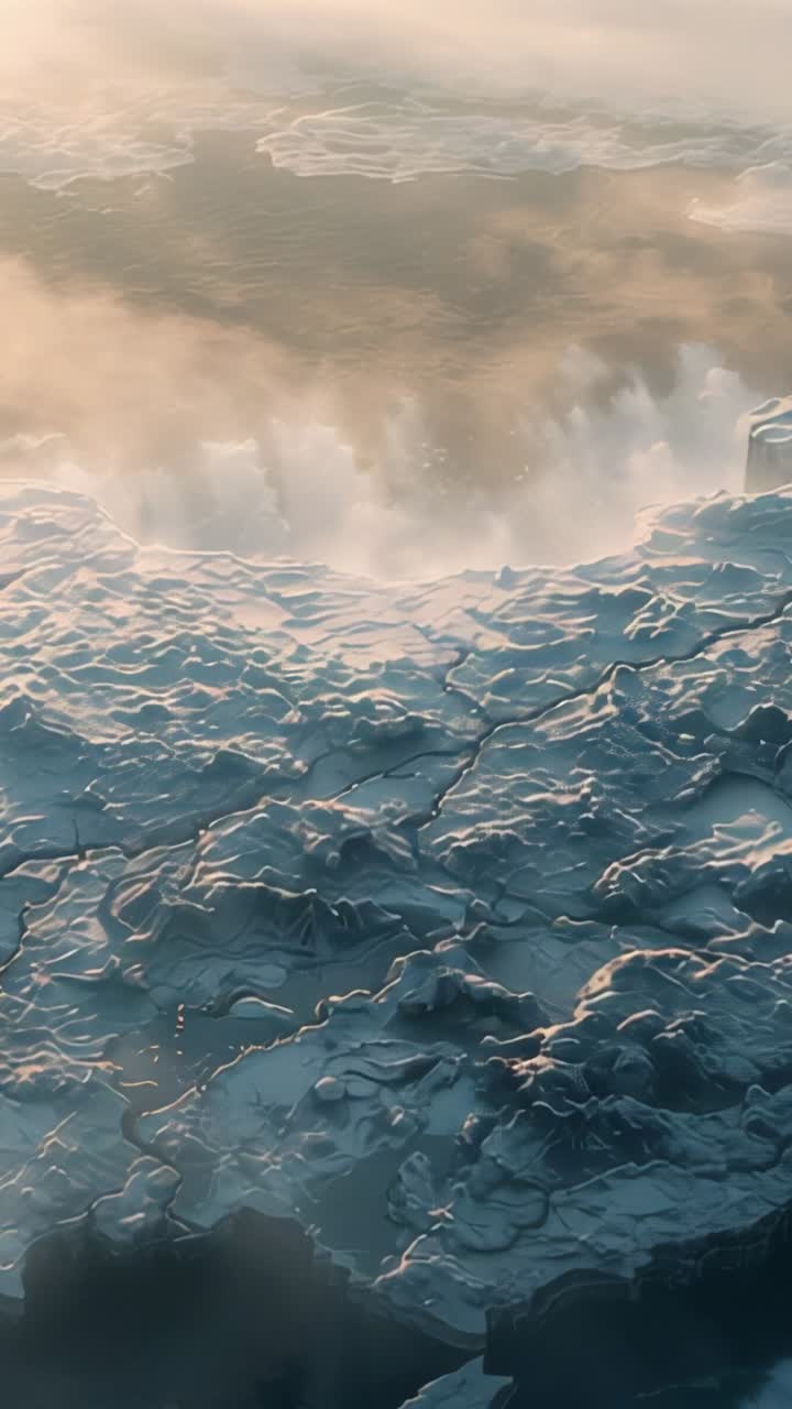 Vertical video: Heating sun warming ice causing steam plumes rising from glacial ridges and fissure