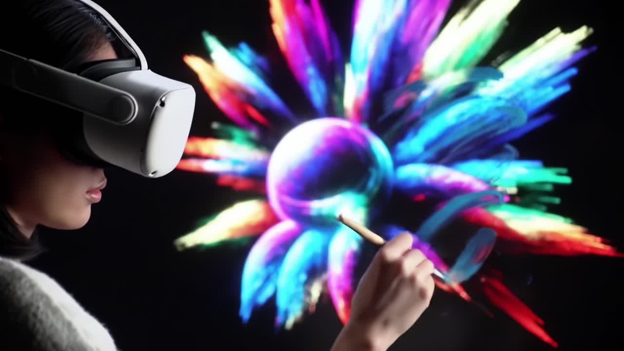 An artist uses virtual reality tools to create stunning artworks with bright colors and dynamic shapes. The immersive environment enhances creativity and expression.